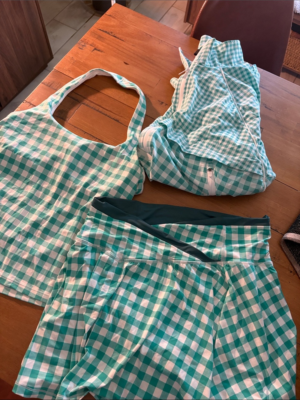 all in motion Mint and White Gingham Bomber Jacket/Skort/halter top